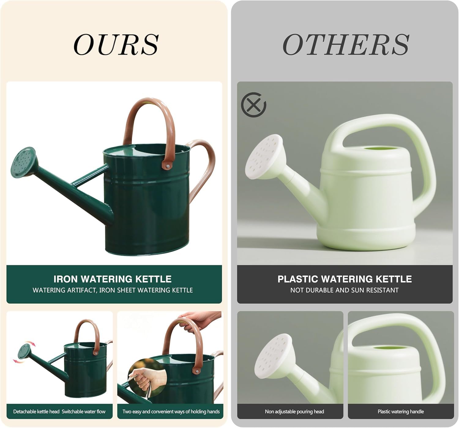 1 Gallon Metal Watering Can for Outdoor Indoor Garden Plants，Green | Movable Handle，With Removable Spout, Can Choose