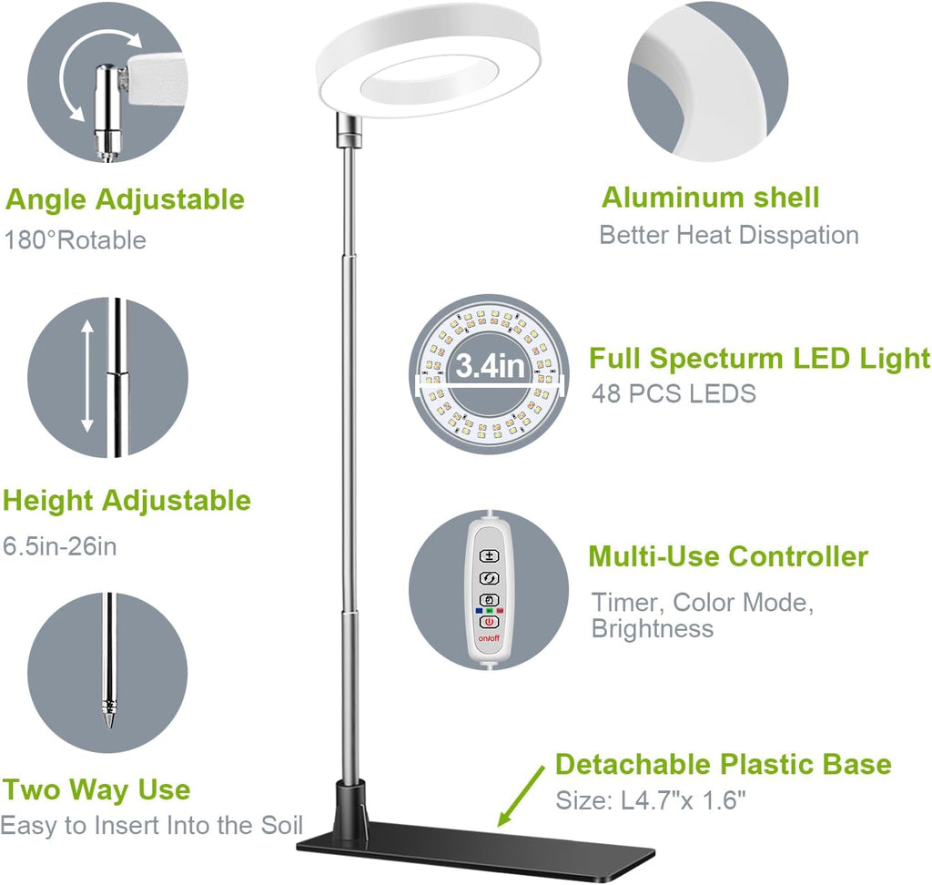 Kullsinss 3.5in Small Grow Lights for Indoor Plants, 48 LEDs Full Spectrum | White Plant Light with Base, Timer &