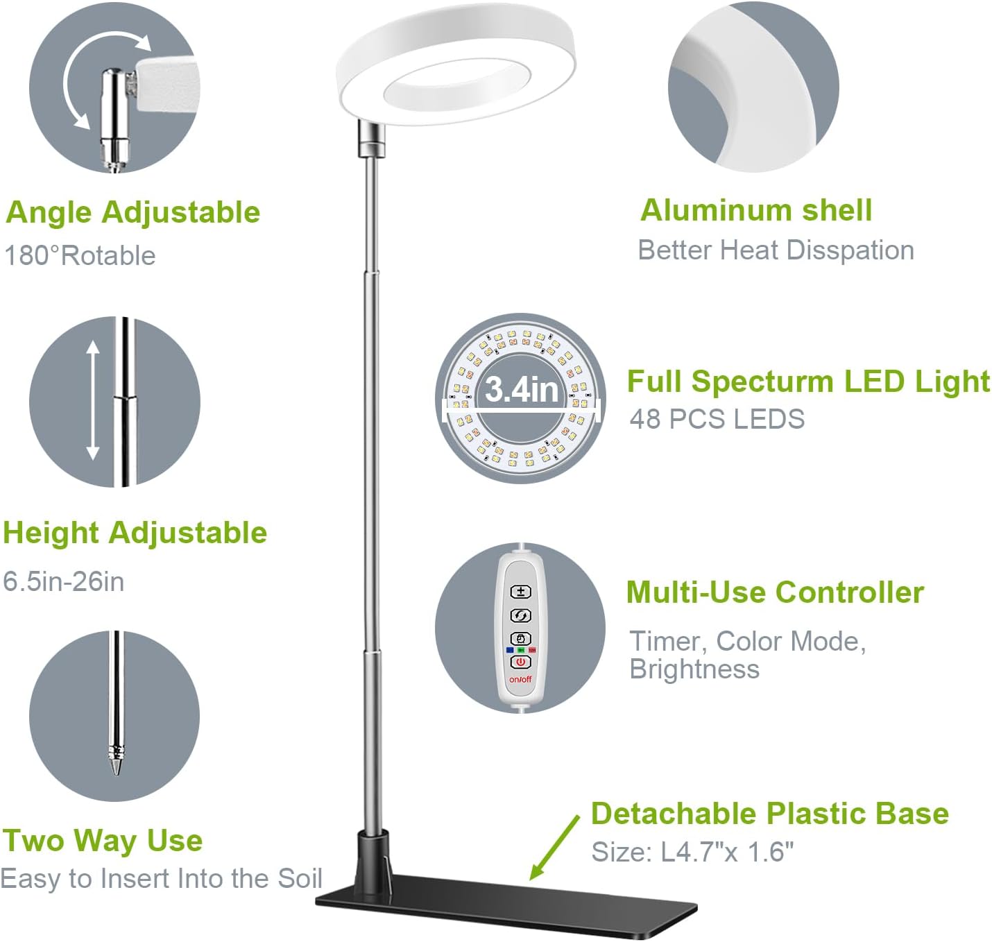 Kullsinss 3.5in Small Grow Lights for Indoor Plants, 48 LEDs Full Spectrum | White Plant Light with Base, Timer &