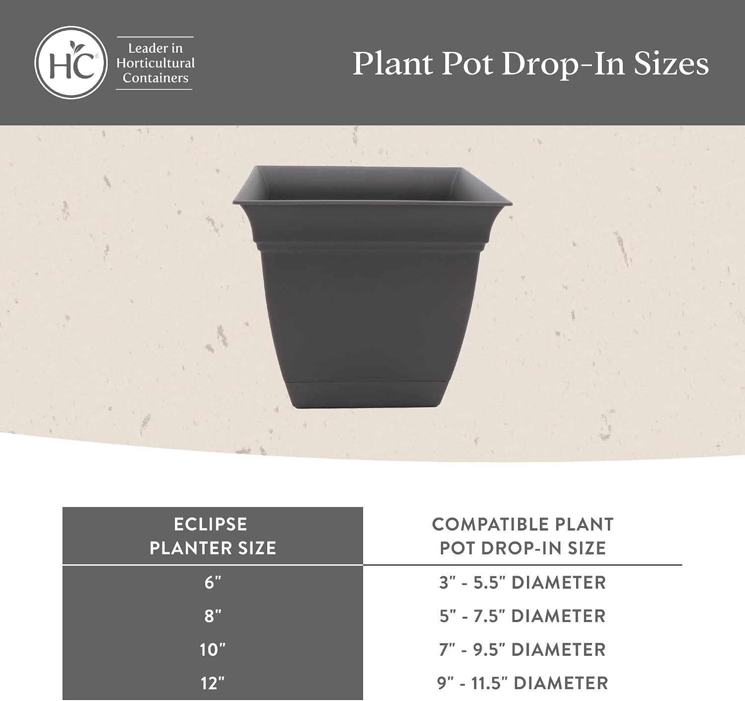 The HC Companies Eclipse Square Planter Pot, 12 Inch, Black, 2-Pack | Plastic, Attached Saucer, Drainage Holes