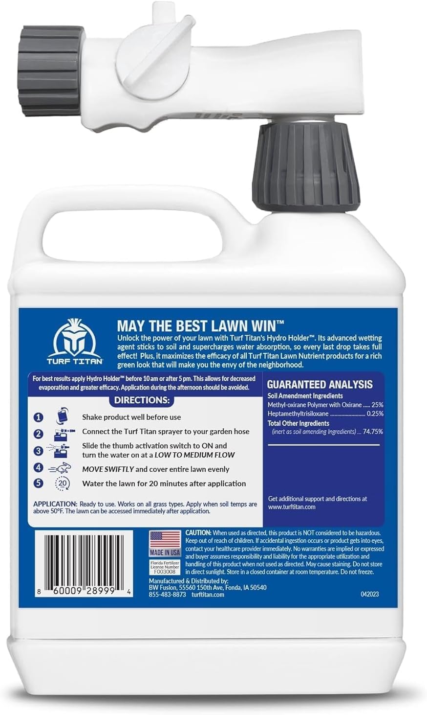 Turf Titan Hydro Holder Soil Wetting Agent for Lawn (32 oz) w/Hose End Sprayer – Improves Water Absorption in Dry &