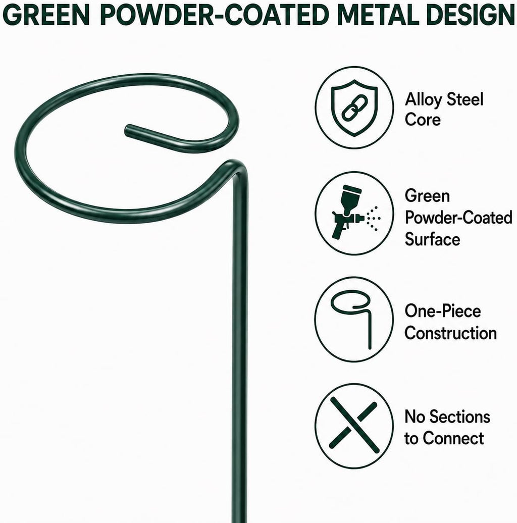Plant Support Stakes, 20 Pack 24 Inch Metal Rings for Flower Stems | Green powder-coated hoops cradle top-heavy blooms
