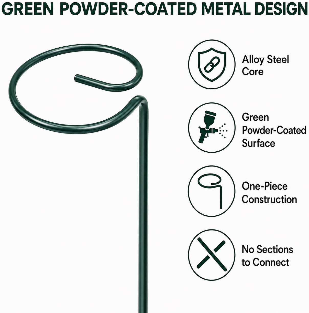 Plant Support Stakes, 20 Pack 24 Inch Metal Rings for Flower Stems | Green powder-coated hoops cradle top-heavy blooms