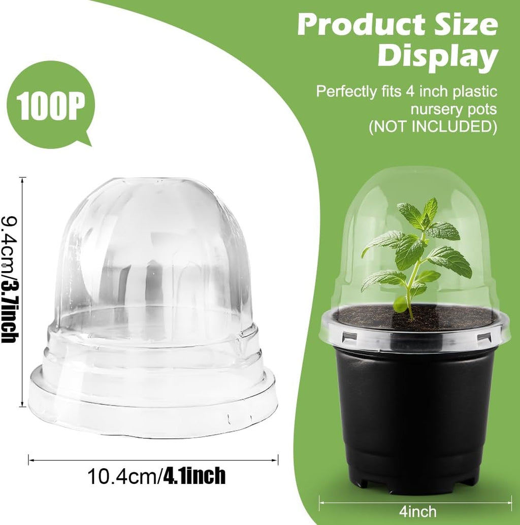 RooTrimmer Humidity Domes for 4 Inch Pots, 100 Pack Transparent Plant Dome Covers with Ventilation, Clear Nursery Pot