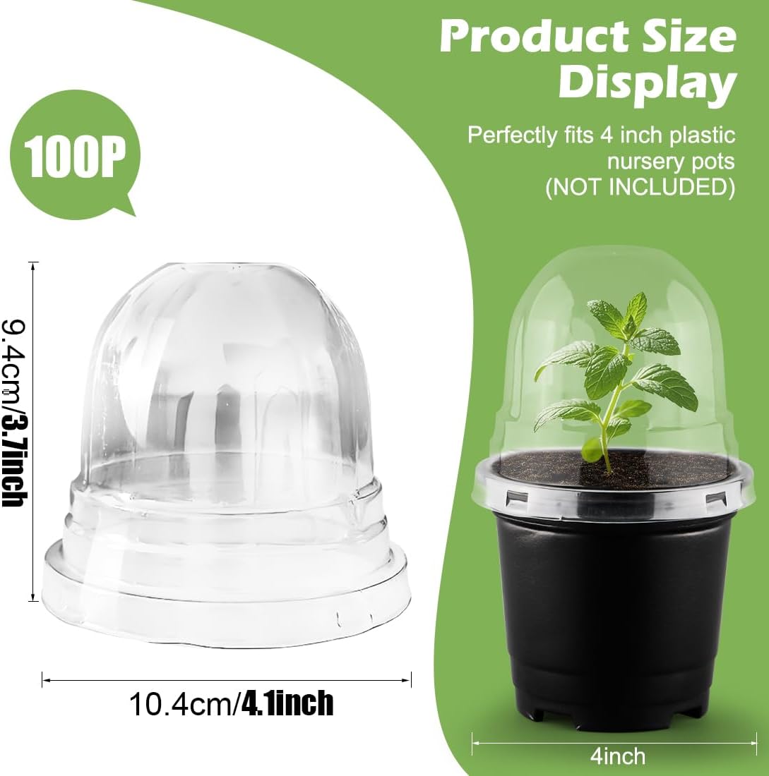 RooTrimmer Humidity Domes for 4 Inch Pots, 100 Pack Transparent Plant Dome Covers with Ventilation, Clear Nursery Pot