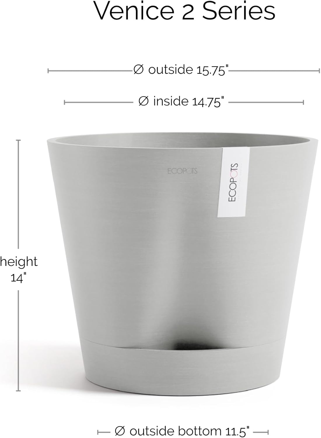 Ecopots Venice 2 Round Flower Planter with Water Reservoir, White Grey, 12" | Self-Watering, Modern Style, Durable