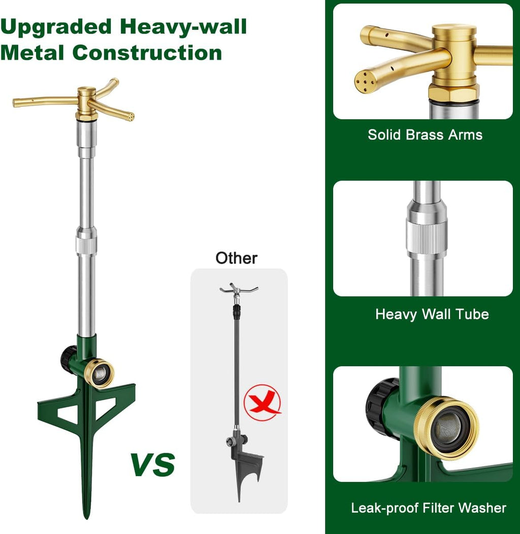 FANHAO 2 Pack Metal Lawn Sprinklers with Adjustable Telescoping Base, 3-Arm Water Sprinkler 360 Degree Rotation