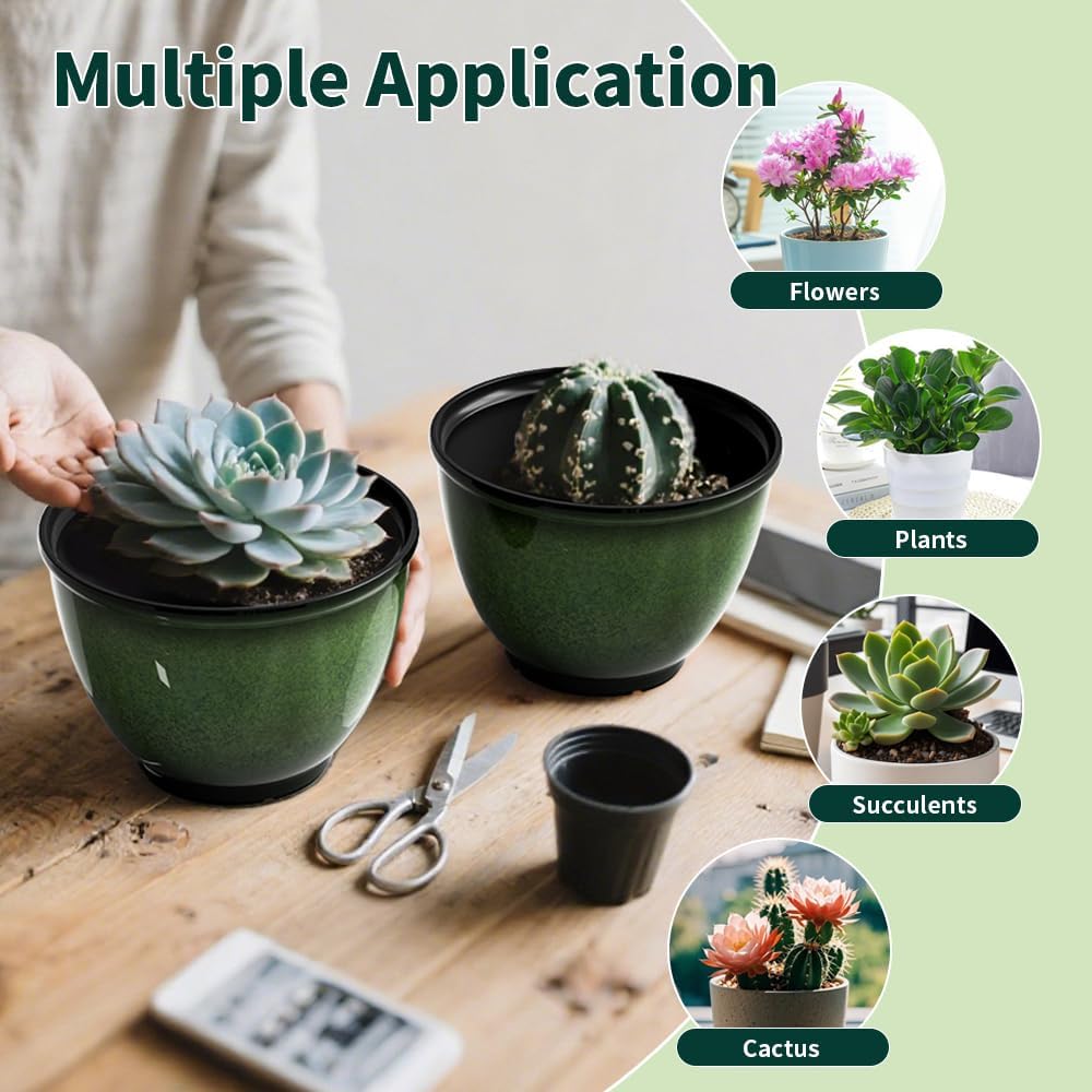 8Inch Plastic Plant Pots,4Pack Glazed Flower Pots for Indoor Outdoor Plants | Modern Decorative Ceramic Look Planters