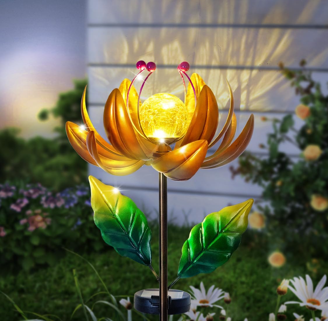 Solar Lights Wind Spinners for Yard and Garden - Metal Lotus Flower Windmills LED Crackle Glass Globe Outdoor Garden