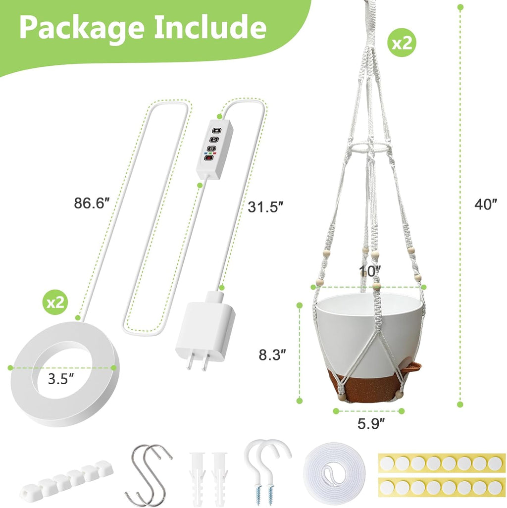 2 Pack Self Watering Hanging Planters with Grow Light for Indoor Plants | 10 Brightness, 3 Light Modes, 3/9/12H Timer