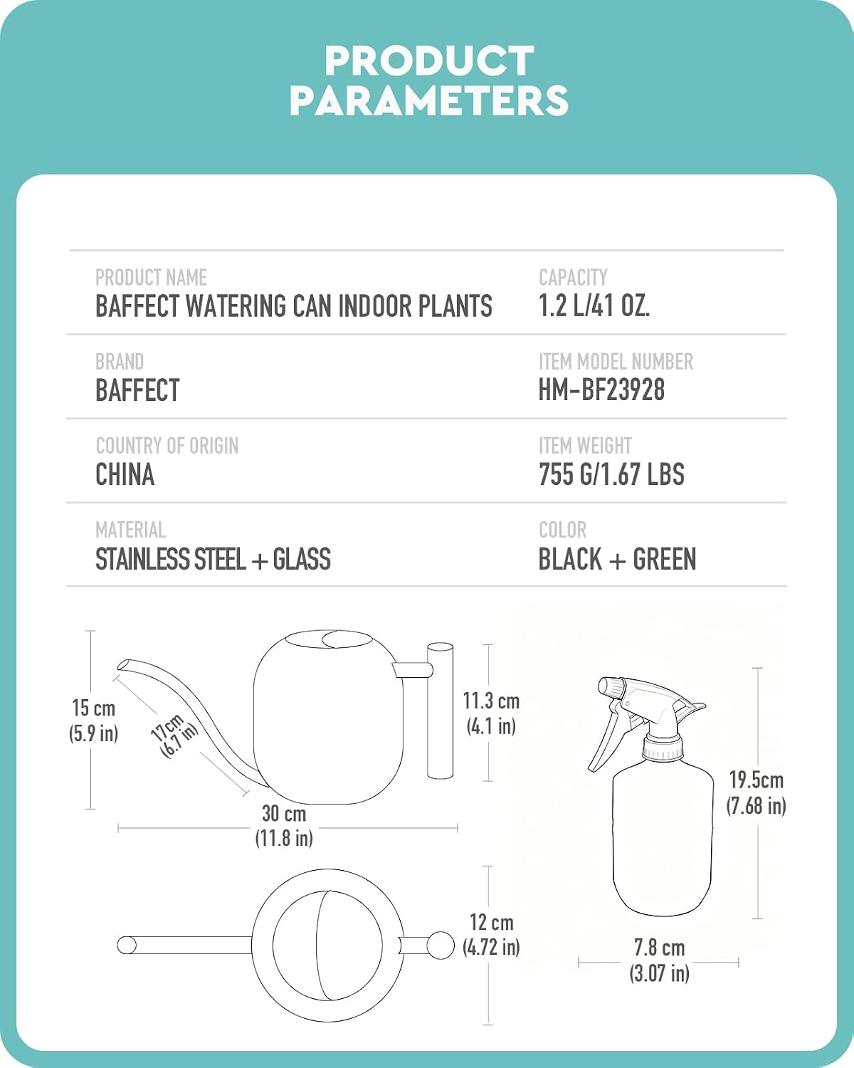 Baffect Indoor House Plants Watering Set for Bonsai, Orchid | Include Balck Metal Long Spout Watering Can (41oz) & Dark