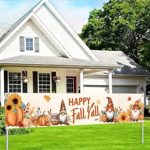 BlissYard Happy Fall Y'all Gnome Banner for Outside 118 x 20 Inch