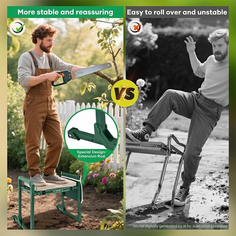 Saker Garden Kneeler and Seat Foldable Gardening Stool with Extendable Legs | Thickened Pad, Tool, Heavy Duty 400lbs