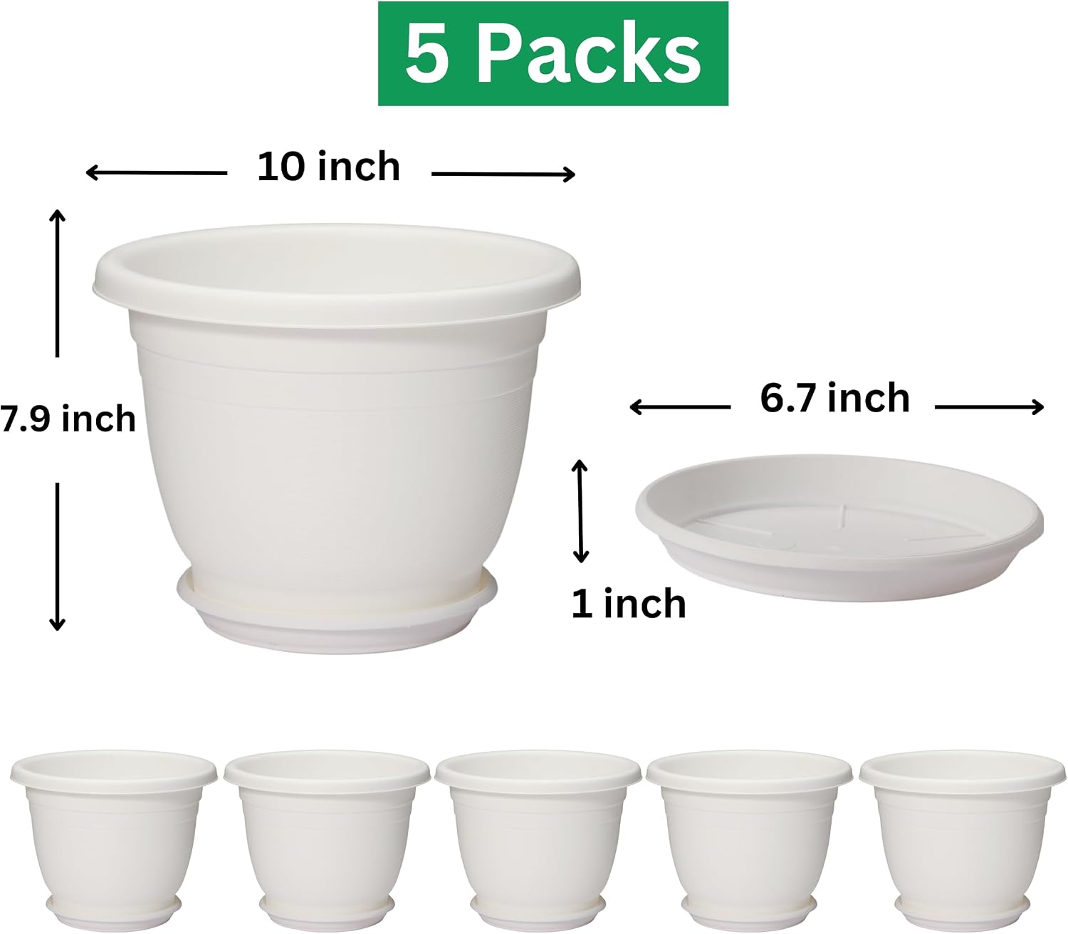 5 Packs 10 inch Flower Pots + Saucers, Large Indoor & Outdoor Pot | Large Flower Pot With Drainage Holes, Planters for