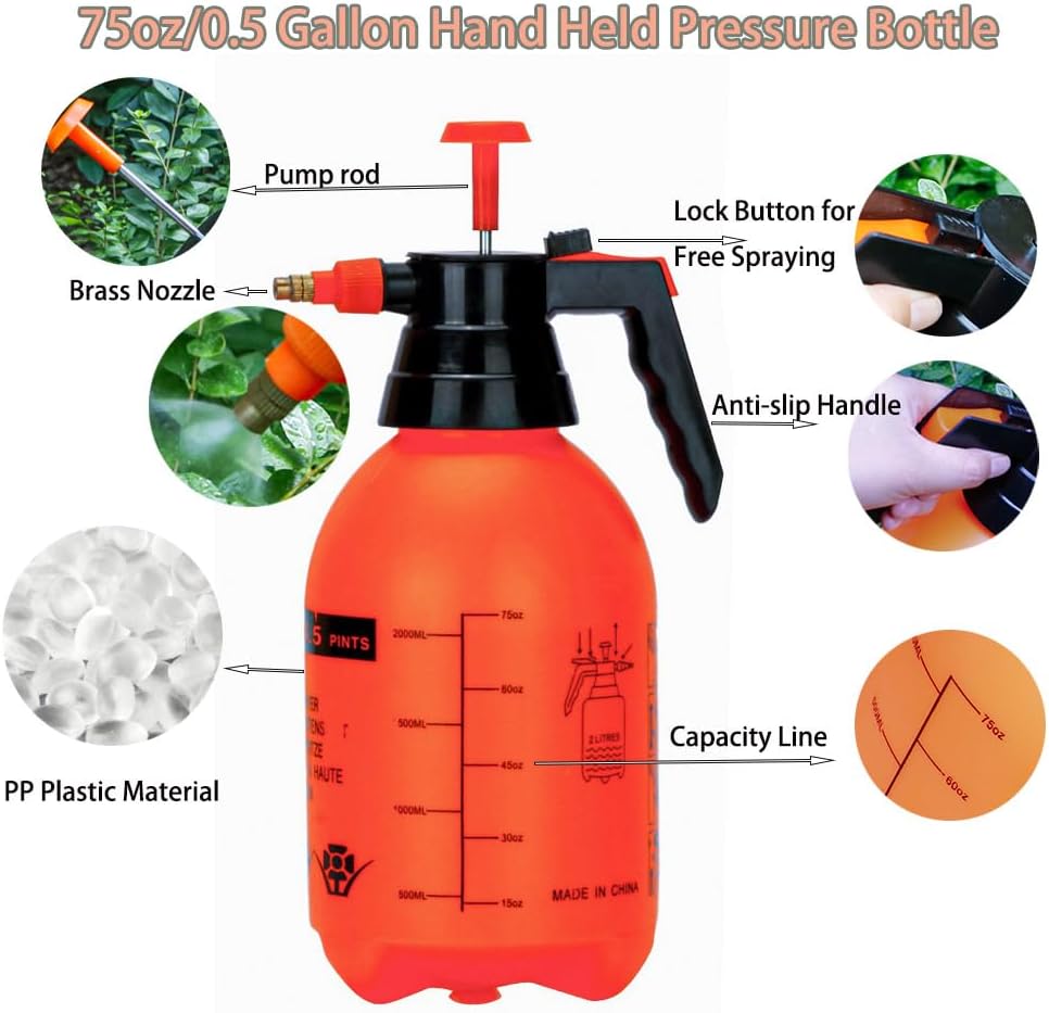 2L/0.5Gal Handheld Pressure Sprayer, Portable Pump Watering Can with Adjustable Nozzle, Garden Sprayer for Indoor