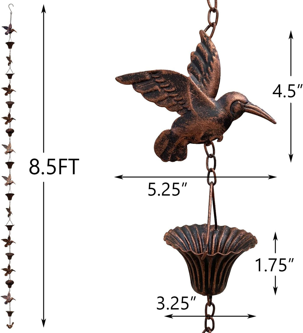 8.5FT Rain Chain, Hummingbird Rain Chains for Gutters, Antique Copper | Functional and Decorative Replacement Downspout