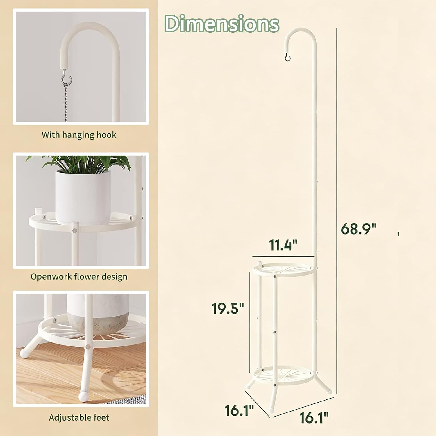 2-Tier Plant Stand With Hanging Hook, Metal Standing Plant Hanger, White | Space-Saving Iron Planter Shelves, Multiple