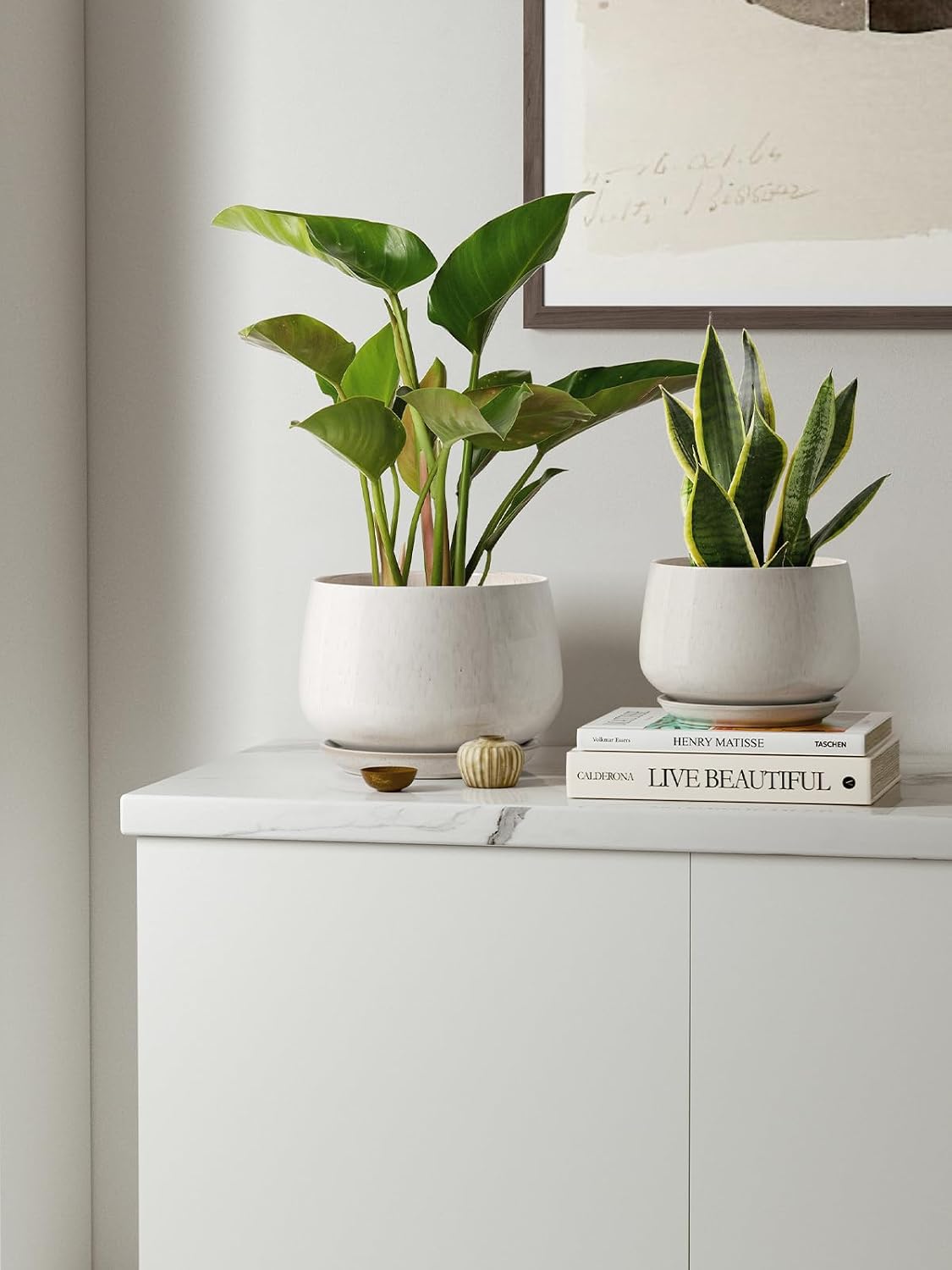 LE TAUCI Plant Pots, 4.1+5.1+6.5 inch, Set of 3, Ceramic Planters with Drainage Hole and Saucer, Indoor Flower Pot with