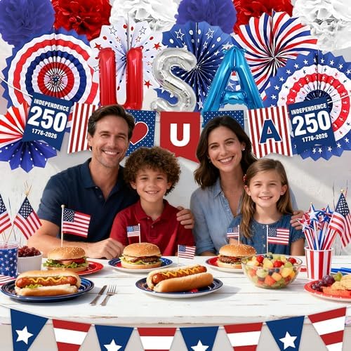 33 PCS USA 250th Anniversary Decorations Set 4th of July & Fourth of July Decor Red White Blue Paper Fans Pom Poms Balloons Banners Indoor & Outdoor American Patriotic Party Supplies