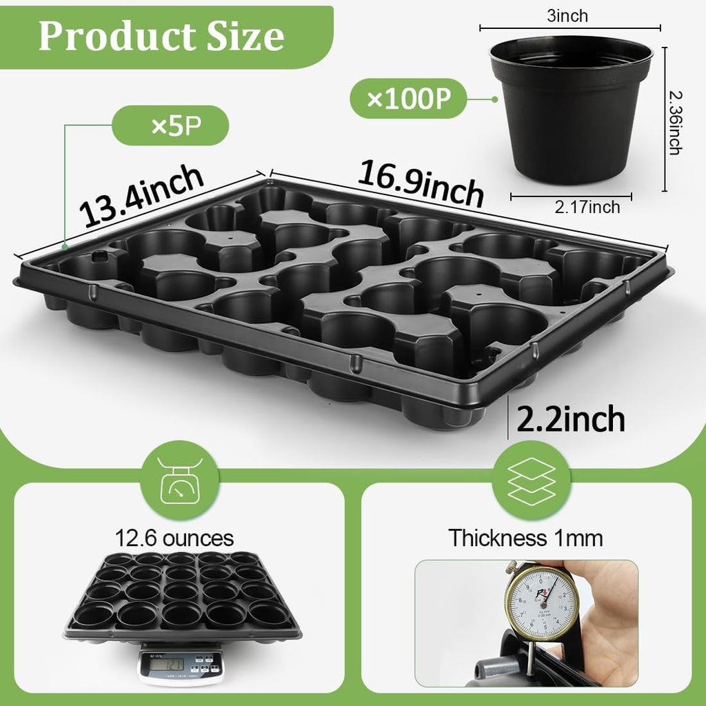 RooTrimmer 3 Inch Plastic Plant Pots 100 Pcs with 5 Pcs 20 Cell Seed Starter Trays, Thick Black Small Nursery Pots and