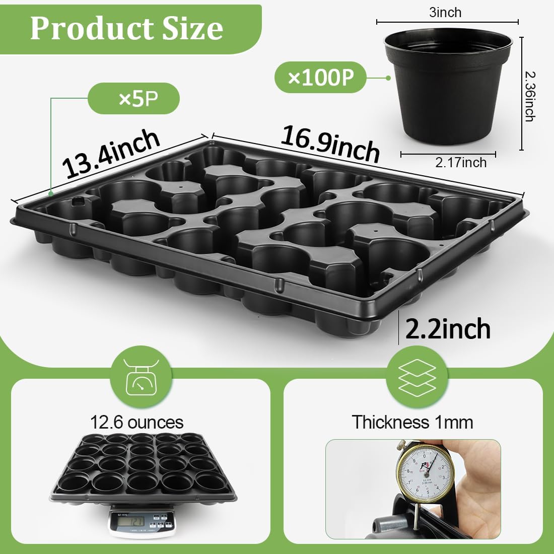 RooTrimmer 3 Inch Plastic Plant Pots 100 Pcs with 5 Pcs 20 Cell Seed Starter Trays, Thick Black Small Nursery Pots and