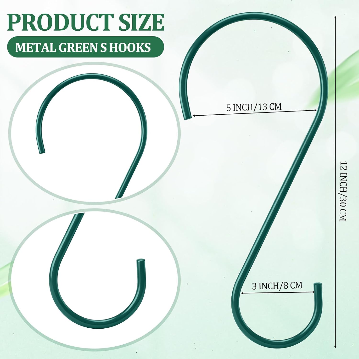 24 Pack 12 Inch Large S Hooks for Hanging Plants, Heavy Duty Green Metal Hangers for Pergola Garage Organization Bird