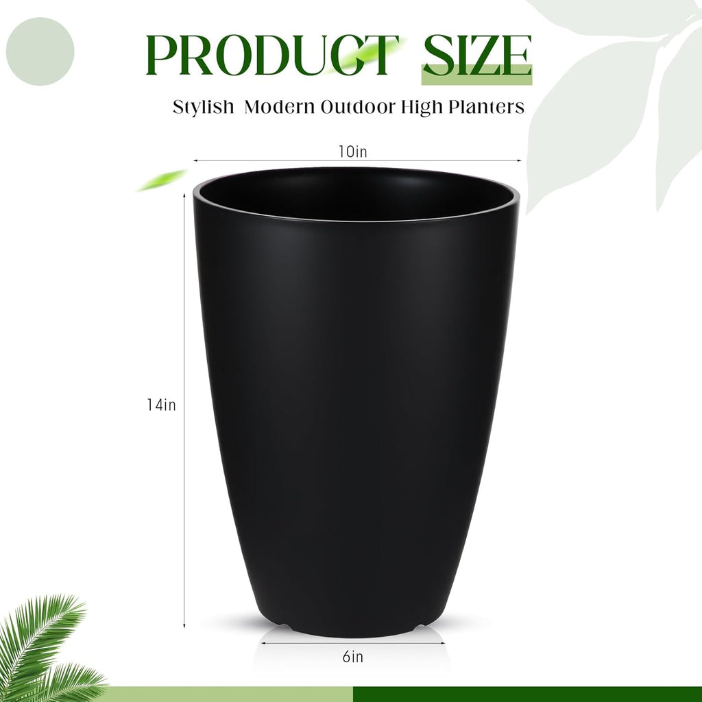 2 Pack 14 Inch Tall Planters for Outdoor Indoor Plants, Black Round Resin Plant Flower Pots with Drainage Hole for