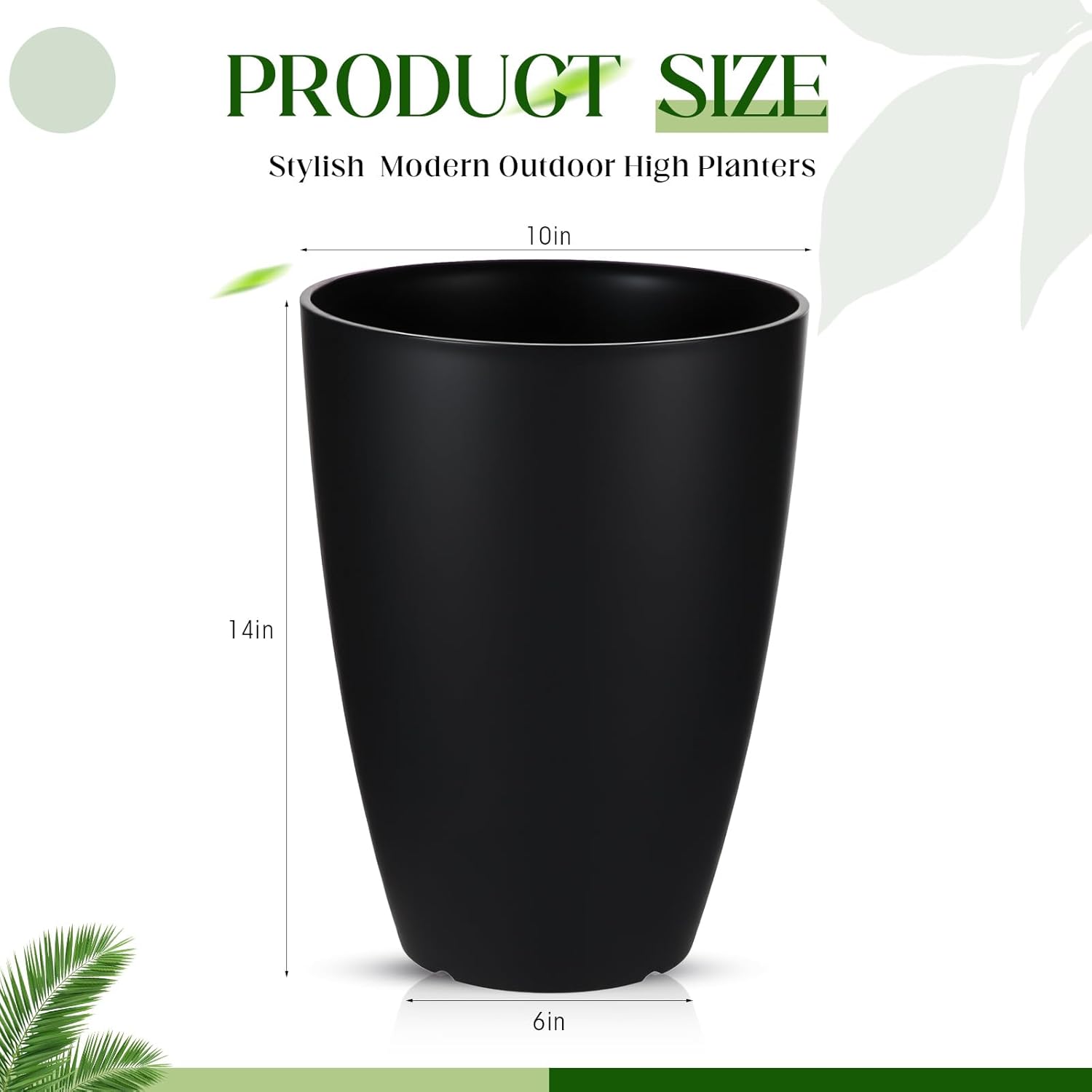 2 Pack 14 Inch Tall Planters for Outdoor Indoor Plants, Black Round Resin Plant Flower Pots with Drainage Hole for