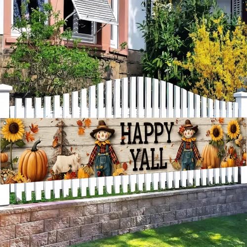 BlissYard Happy Y'all Scarecrow Fall Banner for Outside 118 x 20 Inch