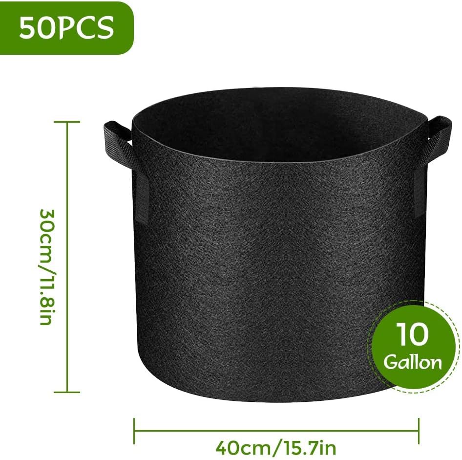 50 Pack 10 Gallon Grow Bags Bulk, Heavy Duty Thickened Fabric Pots Nonwoven Plant Bags with Handles, Breathable Plant