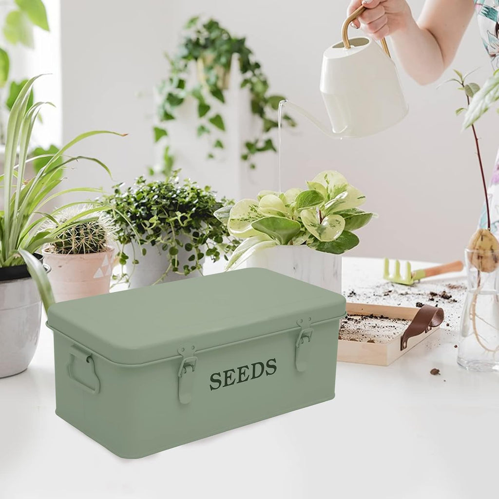 Seed Storage Box Metal Container Organizer, 4-Compartment Garden Seed Box with Safety Locks - Grayish Green