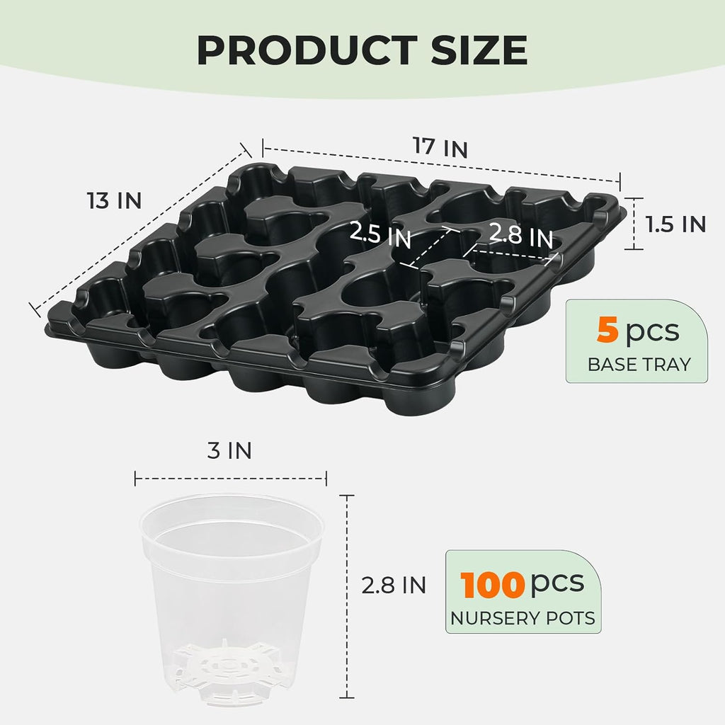 5 Pack 20 Cell Seed Starter Trays with 100 Clear 3 Inch Plant Pots | Reinforced trays and clear pots with drainage