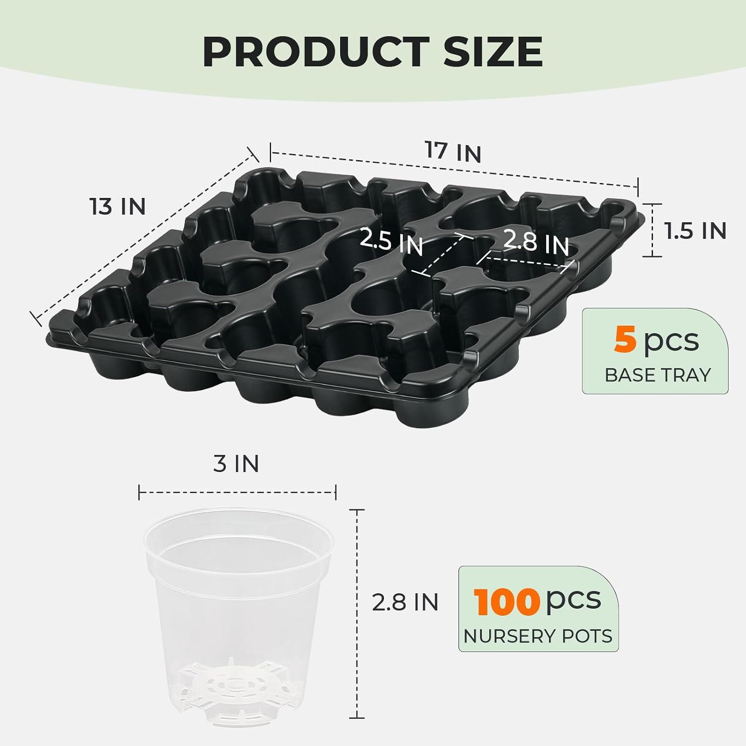 5 Pack 20 Cell Seed Starter Trays with 100 Clear 3 Inch Plant Pots | Reinforced trays and clear pots with drainage