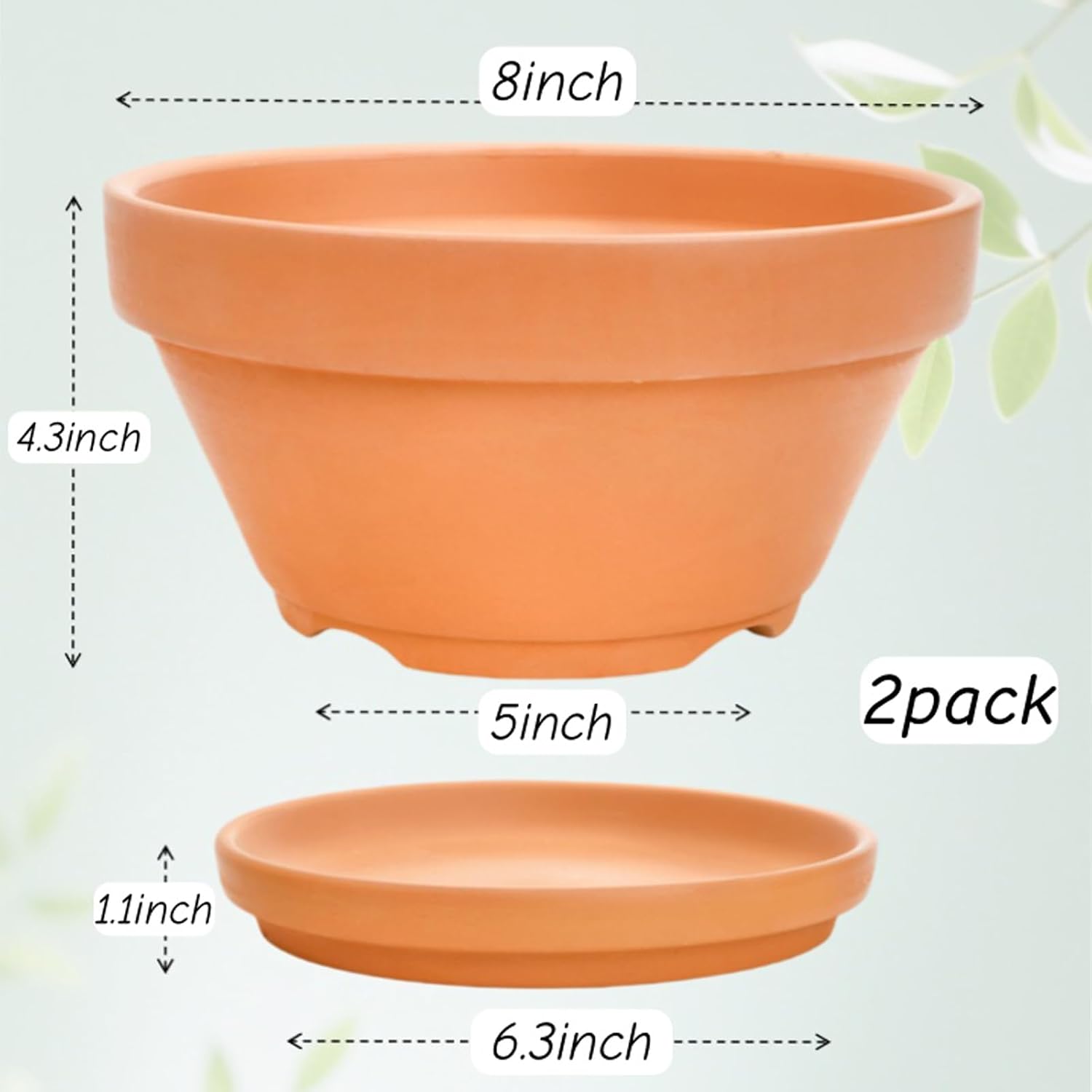 2 Pack 8 Inch Shallow Succulent Terracotta Pots with Drainage Hole and Saucer, Clay Plant Pots for Indoor and Outdoor