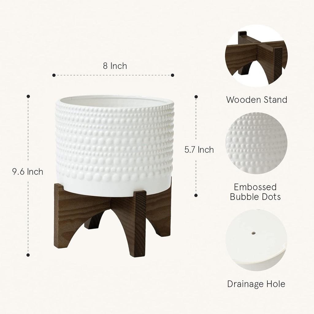 LA Jolie Muse Ceramic Pot for Plants, 8 Inch Indoor Planter with Stand | Hobnail Patterned Flower Pot with Wood Stand