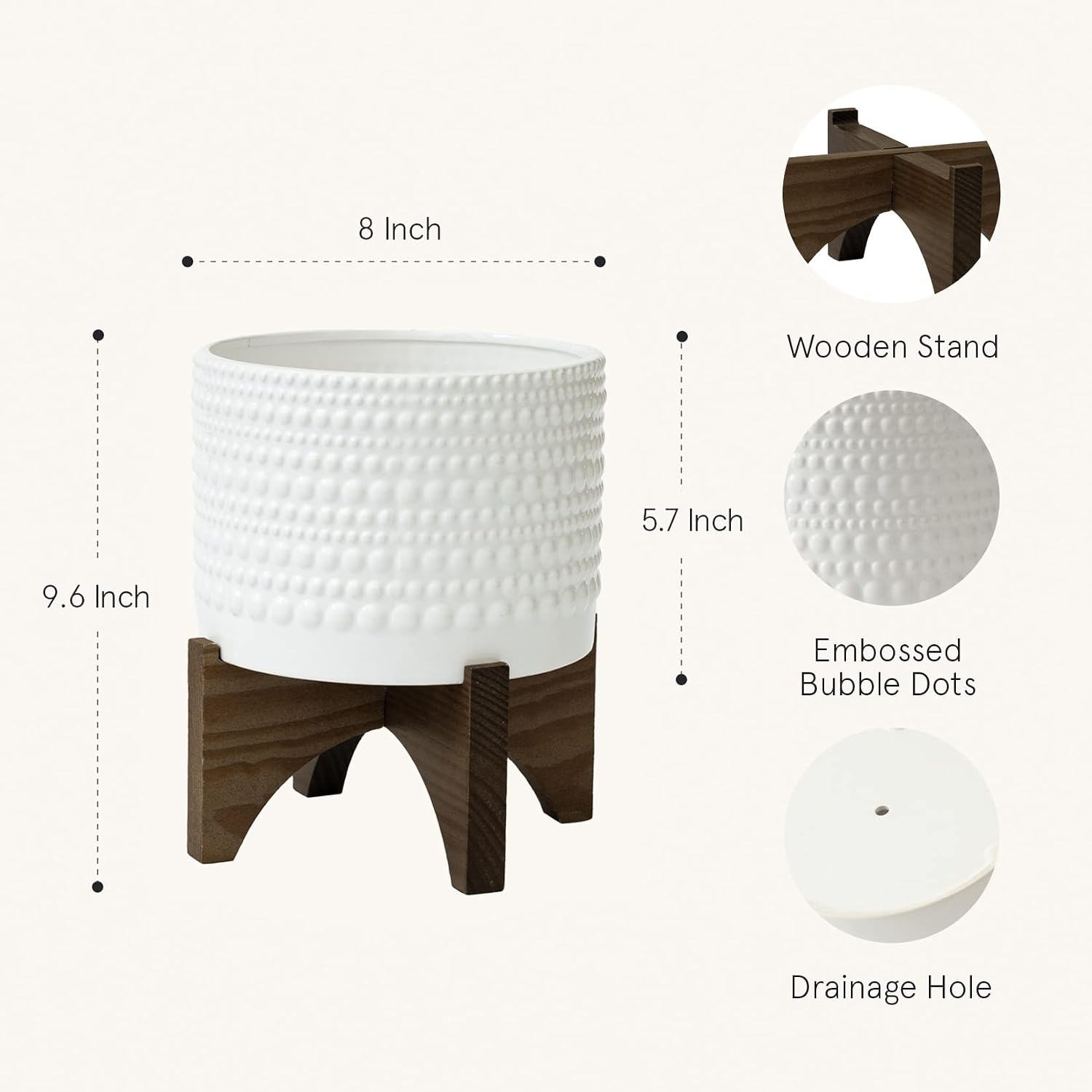LA Jolie Muse Ceramic Pot for Plants, 8 Inch Indoor Planter with Stand | Hobnail Patterned Flower Pot with Wood Stand