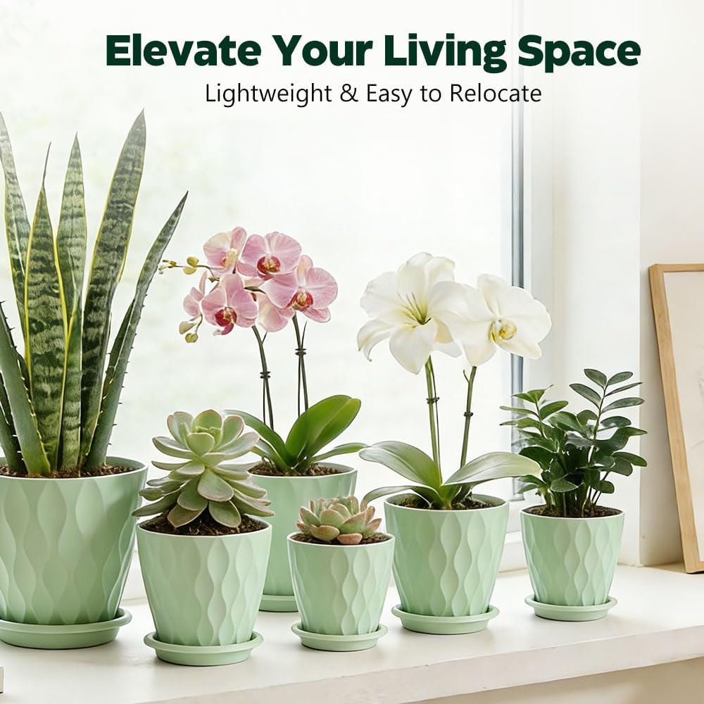 Plant Pots, Self Watering Planters with Drainage Holes and Trays, Flower Pots for Indoor Outdoor - 6 Pack(4/5/6/6.5/7/8