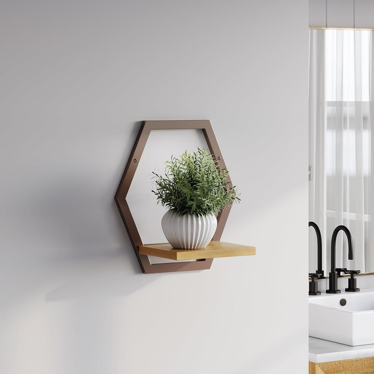 3 Pack Hexagon Wall Plant Stands, 9 Inch Wood Shelf, Coffee | Soild Wood,Metal Framework,Wall Plant Stand,Natural Wood