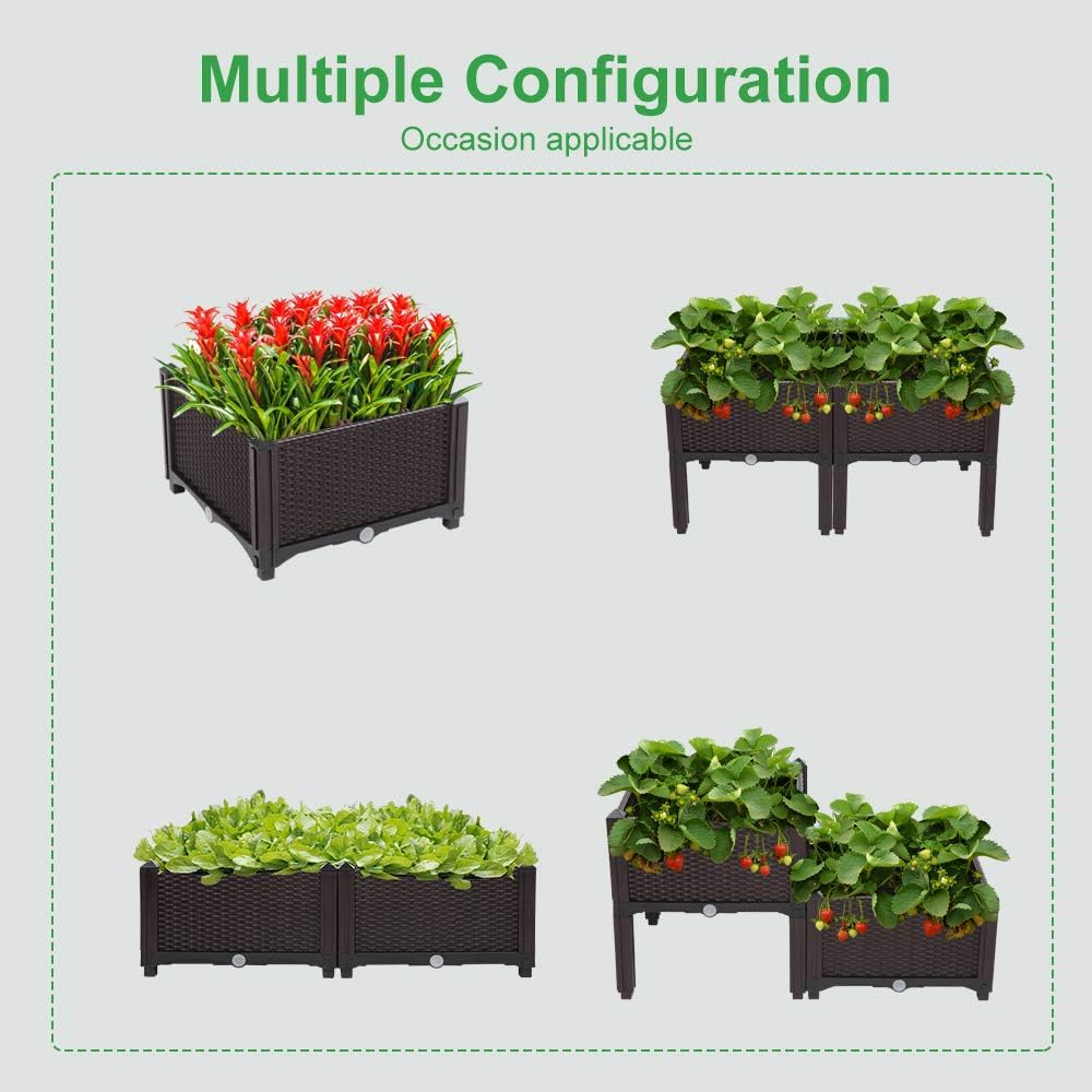 VINGLI Square Raised Garden Bed, Self-Watering Plastic Planter for Indoor Outdoor Vegetables, Fruits, Potato, Flowers