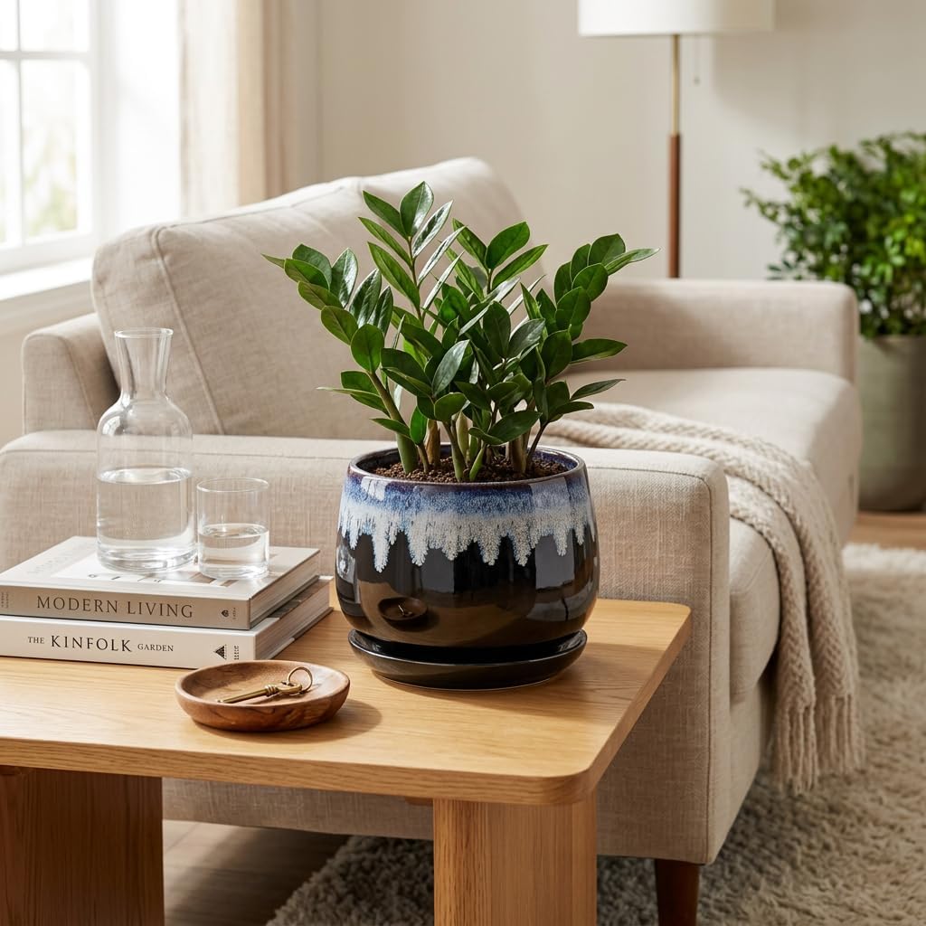 Ceramic Plant Pots 7 Inch - Ceramic Planter with Drainage Hole and Saucer, Decorative Flower Pots for Indoor Plants