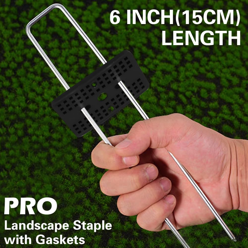 Bakulyor 100 Pcs Landscape Staples + 100 Pcs Gasket, 6 Inch Garden Stakes Staples 11 Gauge U Shaped Galvanized Lawn