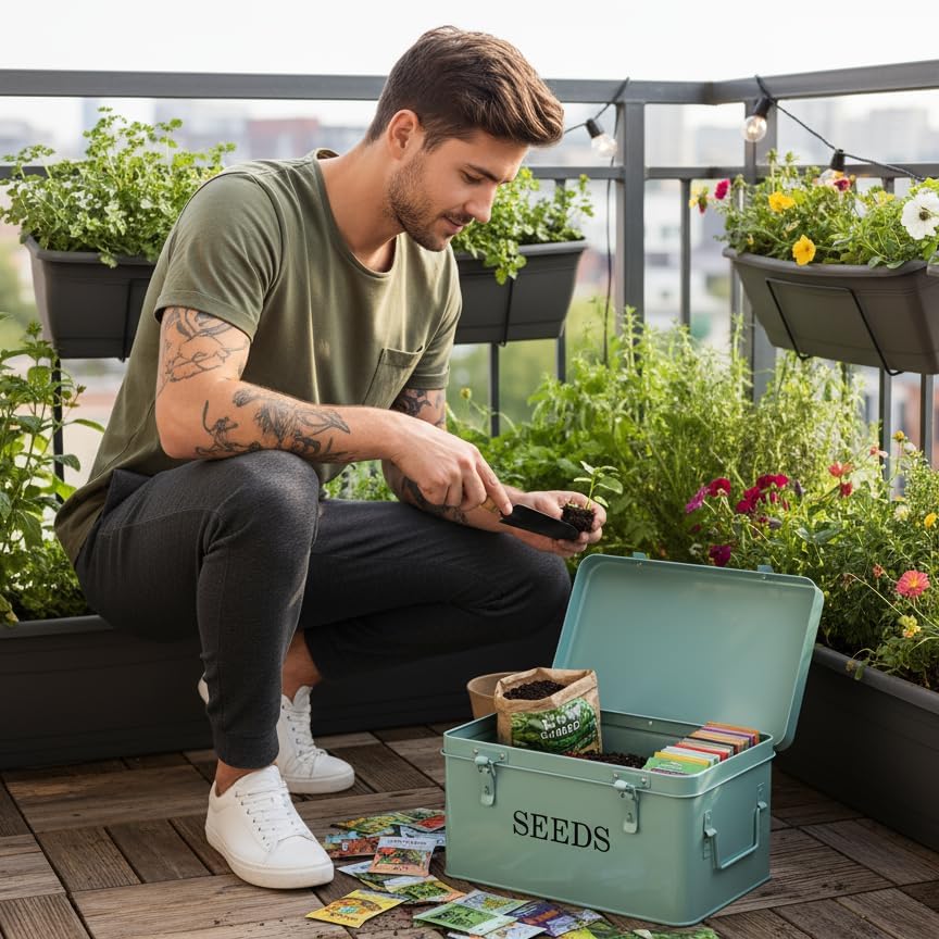 Large Modern Green Rectangular Metal Seed Storage Box with 4 Compartments and 40 Envelopes and 20 Bamboo Plant Labels