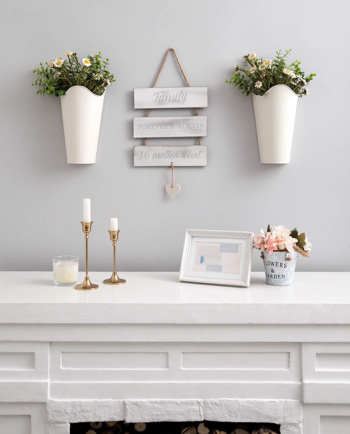 Mkono Metal Wall Planter, Hanging Vase for Flowers Plants, Set of 2, White | Rustic Farmhouse Decor, Easy Wall Mount