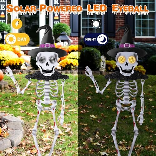 35.5" Metal Halloween Skeleton Yard Signs with Stakes Moving Solar-powered LED Eyes Halloween Outdoor Decorations Full Body Human Skeleton Garden Signs for Garden, Lawn, Patio Decor