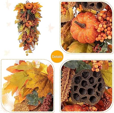 Glitzhome 2Pcs Fall Pumpkin Leaf Swag with Grapevine Base, Faux Berries and Lotus Pod Ornament, 25" H Autumn Maple Leaves Swag for Fall Wall Decor