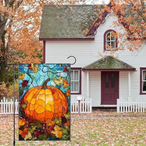 Fall Garden Flag For Outdoor Decor Thanksgiving Garden Flags Autumn Stained Glass Pumpkin Maple Leaf Double Sided Small Burlap Outside Porch Lawn Yard Flags Decorations 12.5x18 Inch