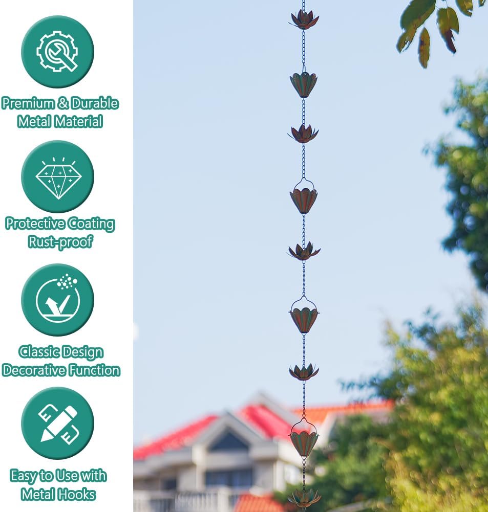 10.3ft Lotus Rain Chains for Outside Gutters, Eaves, Drainage | 16 Cups, Metal Rain Chain, Adjustable Length