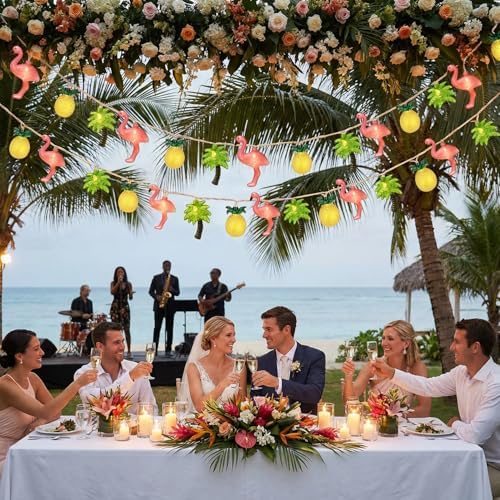 12FT 20LED Summer Hawaiian Themed Party Decorations Lights - LED Tropical Hawaiian String Lights Flamingo Pineapple Palm Tree Lights Waterproof for Summer Tropical Pool Beach Luau Party Decorations