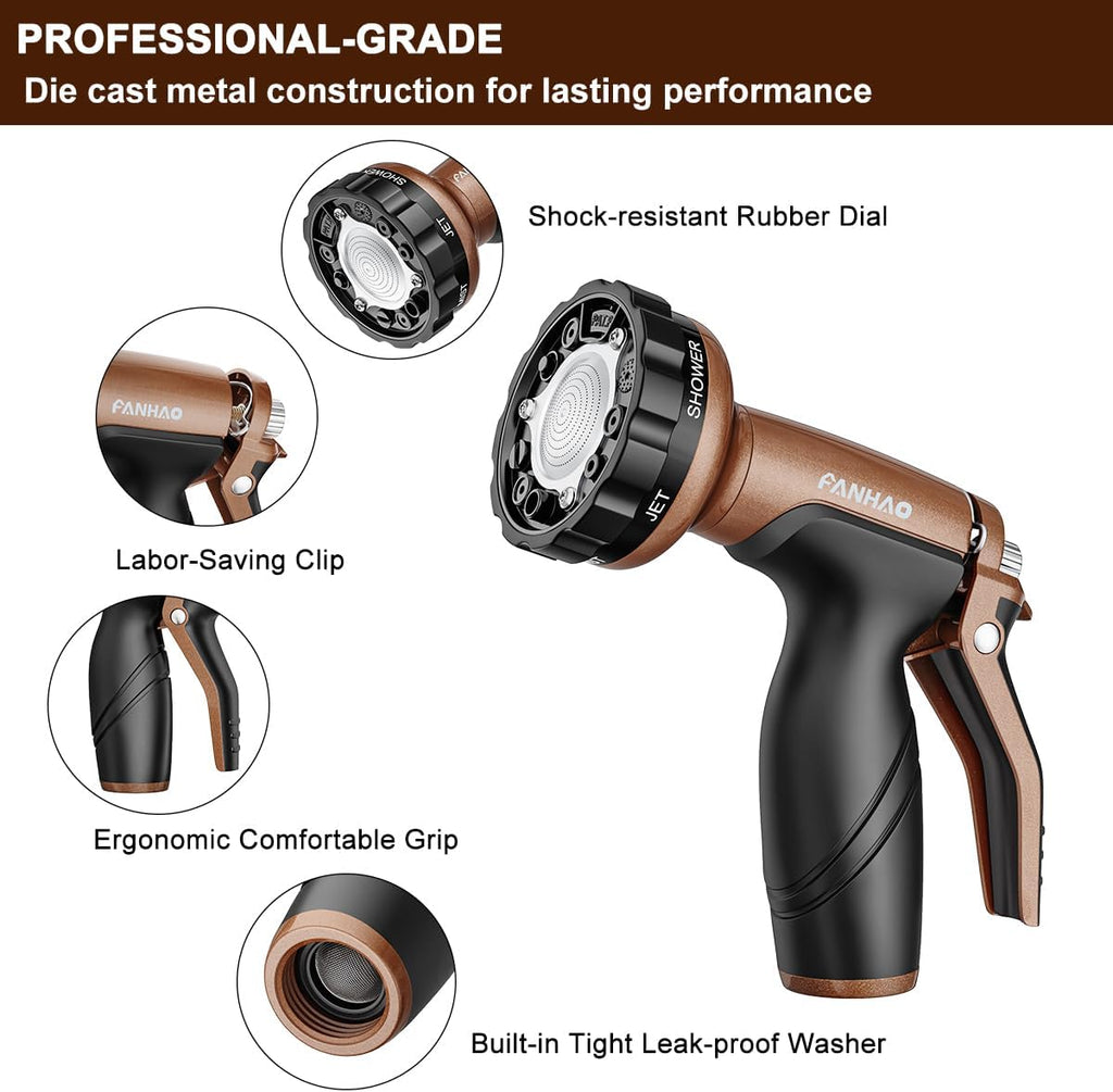 FANHAO 7 Spray Patterns Metal Garden Hose Nozzle with Lockable Trigger | Rustproof Hose Sprayer Nozzle Heavy Duty