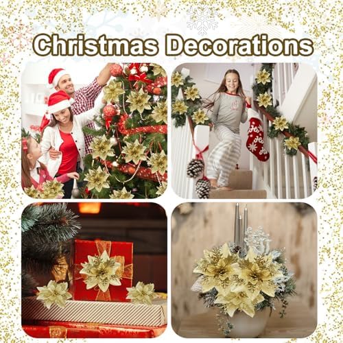 Cliselda 30Pcs 5.9“ Gold Poinsettias Artificial Christmas Flowers W/Clips